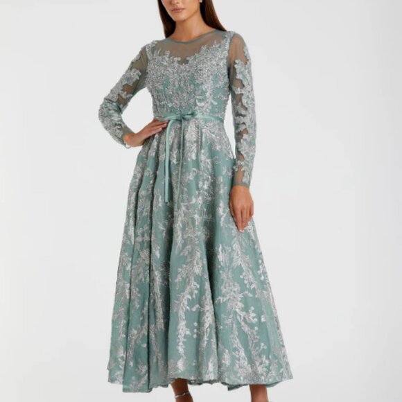 MAC DUGGAL 20337 EMEBELLISHED BOW BELT ILLUSIONS LONG SLEEVE A-LINE JADE RESS 6 - Picture 3 of 6